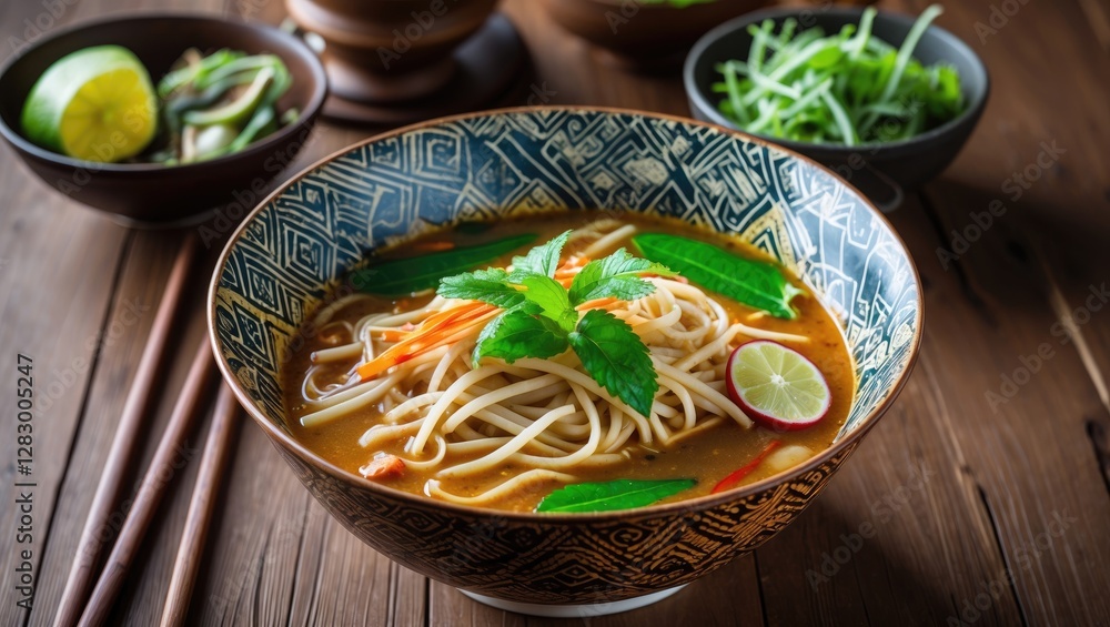Poster bowl of noodles with aromatic herbs and lime slices on wooden table with side bowls of garnish and f