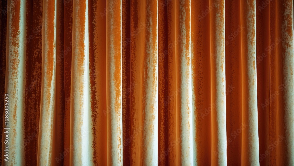Poster textured vintage fabric curtain background in warm tones with vertical folds and subtle distressing 