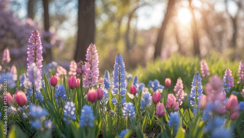 Poster colorful spring flowers in a lush garden under soft sunlight with blurred background of trees and fo