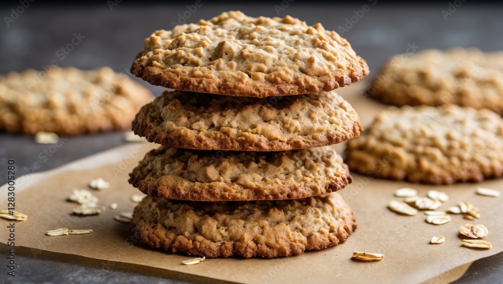 Aufkleber oatmeal cookies stacked on a piece of parchment paper with loose oats scattered around on a dark sur