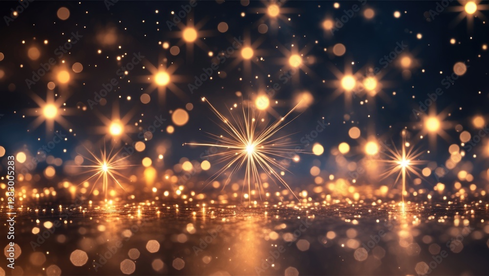 Poster Golden bokeh lights and stars on dark background creating an abstract shimmering festive atmosphere