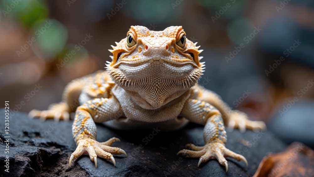 Aufkleber bearded dragon on a rock with a blurred natural background displaying vibrant colors and detailed te