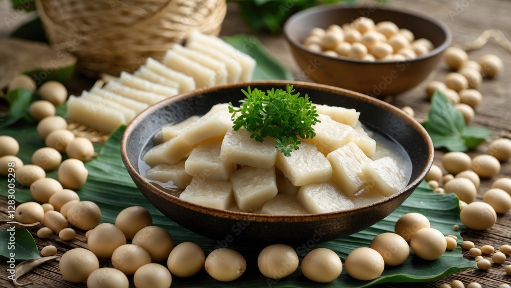 Poster soybean dishes with sliced tofu in dark bowl surrounded by soybeans and green leaves on rustic woode
