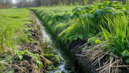 Lush green grass and reeds lining a rural ditch in the Netherlands during spring, showcasing vibrant nature and tranquil waterways.