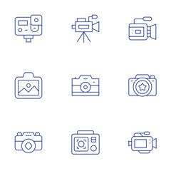 Camera icons set. Thin Line style, editable stroke. video camera, camera T, camera, action camera, landscape, photo camera