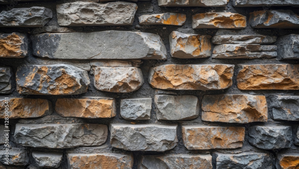 Aufkleber textured stone wall background with various shades of gray and orange natural stones arranged in a u