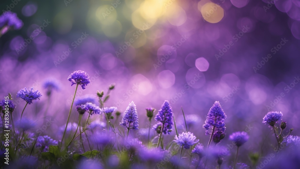 Poster vibrant purple floral field with dreamy bokeh background creating a serene and enchanting atmosphere