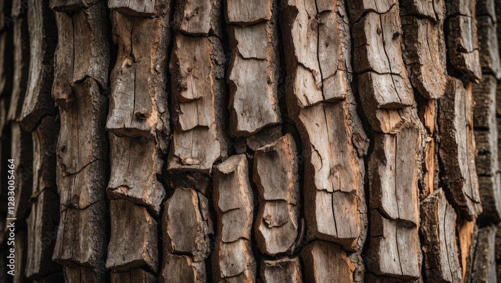Poster close-up texture of rough bark on tree trunk showcasing natural patterns and earthy tones in an outd