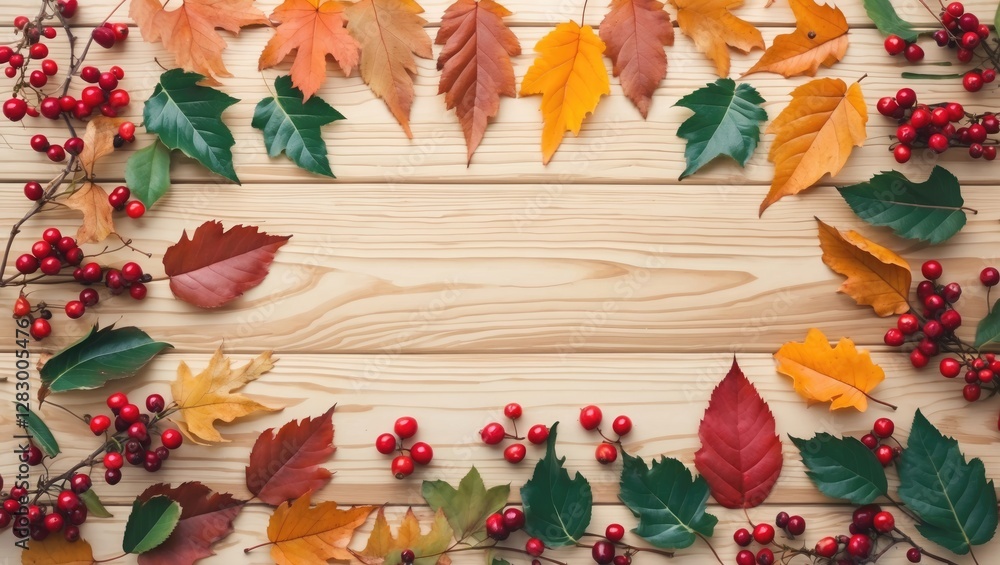 Aufkleber autumn leaves and berries arranged on wooden background creating a natural frame for text and design