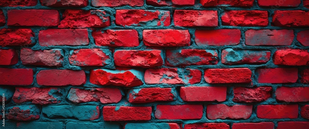 Poster red and turquoise textured brick wall background with uneven surfaces and color variations