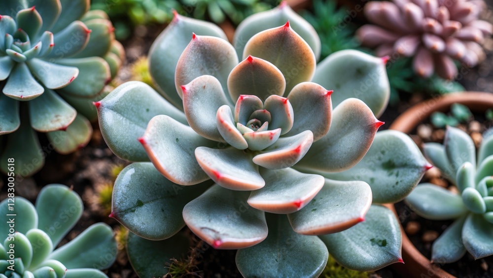 Poster Close-up view of succulent plants with varying colors and shapes arranged in a natural setting with soil and decorative pots