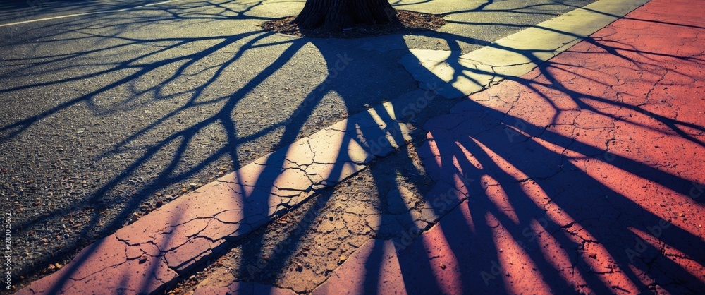 Poster Tree shadows on cracked pavement creating intricate patterns in sunlight on a colorful urban sidewalk scene