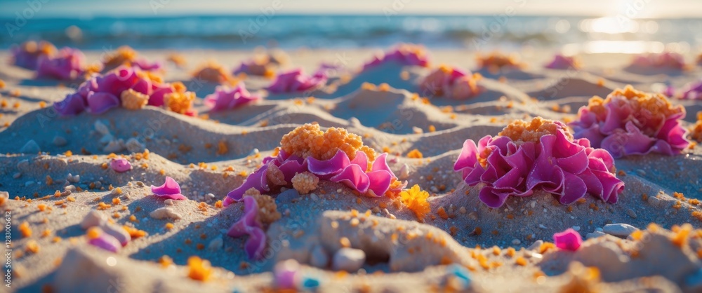 Poster Colorful seaweed and sand patterns on a beach at sunset with soft waves in the background creating a tranquil coastal scene