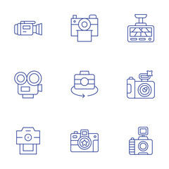 Camera icons set. Thin Line style, editable stroke. video camera, photo camera, camera T, dash cam, camera, instant camera, rotate camera