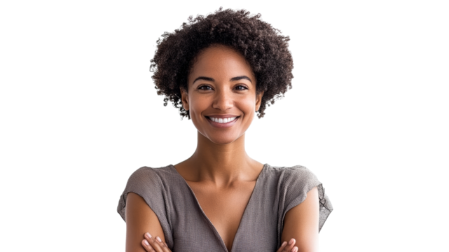 Smiling woman with curly hair in neutral attire