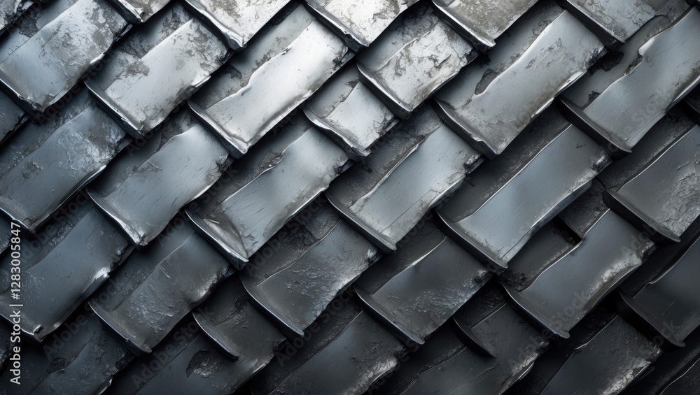 Poster metal roofing tiles arranged in a diagonal pattern with a shiny metallic finish and varying shades o