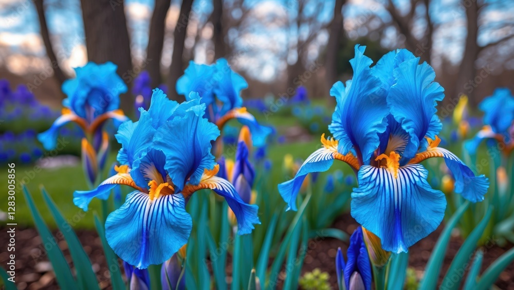 Aufkleber blue iris flowers blooming in a vibrant garden setting with blurred background of greenery and trees