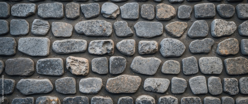 Poster Gray cobblestone wall texture background with irregular shapes and sizes of stones arranged in a pattern