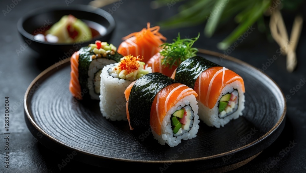 Poster sushi rolls with salmon and vegetables served on a black plate with soy sauce and wasabi on a dark b