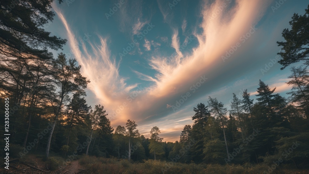 Poster Forest landscape with dramatic clouds at sunset in a natural setting with tall trees and open field in the foreground.