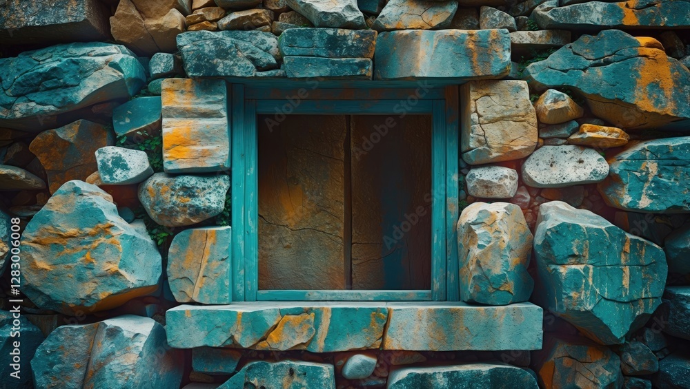 Leinwandbilder stone wall with rustic window framed by colorful rocks and textured surfaces, showcasing natural mat
