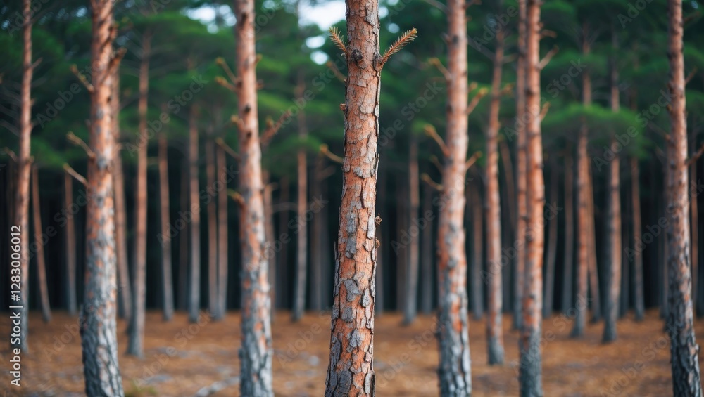 Poster pine tree forest with tall trunks and green foliage in soft focus background natural landscape scene