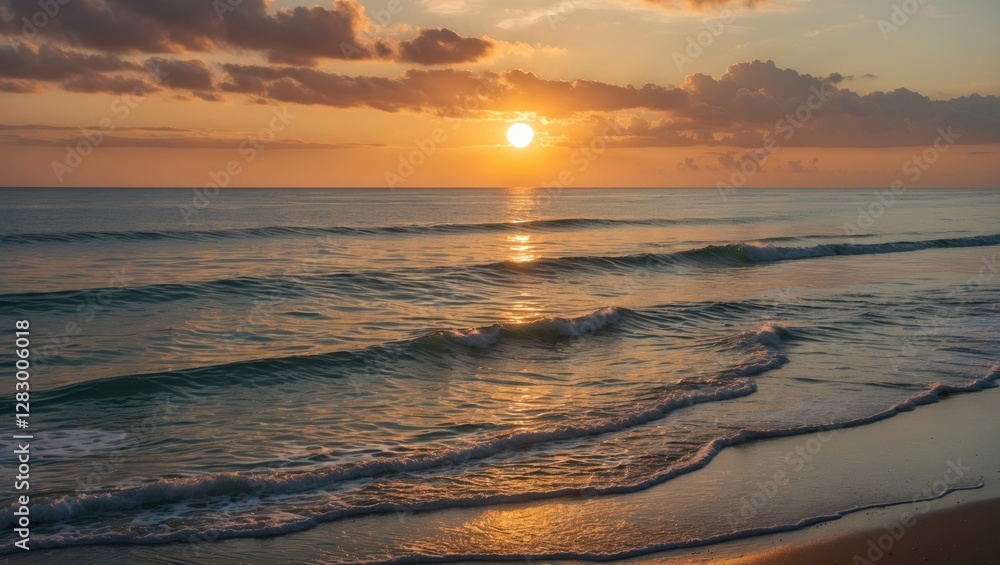 Aufkleber Sunset over calm ocean waves with golden reflections on the water surface and soft clouds in the sky during twilight.