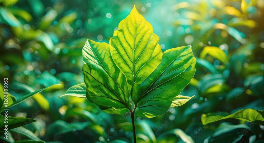 Poster vibrant close-up of a lush green leaf surrounded by soft bokeh lights in a natural setting highlight