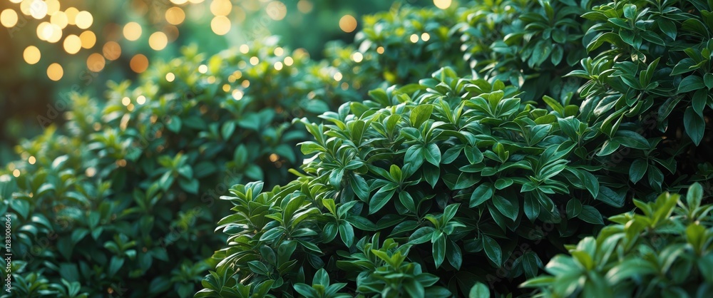 Poster lush green leaves texture of garden bushes with soft bokeh background creating a serene and tranquil