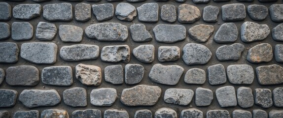 Gray cobblestone wall texture background with irregular shapes and sizes of stones arranged in a pattern
