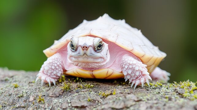 Albino turtle on log, forest background, nature wildlife