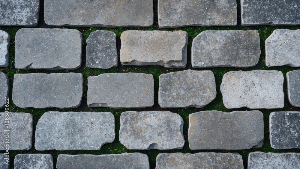 Aufkleber grey cobblestone pavement with patches of green grass between irregular shaped stones. textured surf