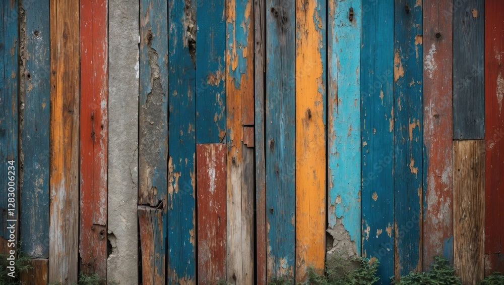 Poster rustic colorful wooden plank wall with distressed texture and varied stripes for background or textu