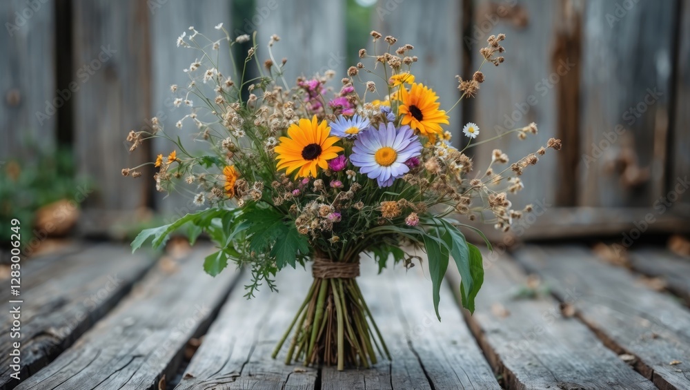 Poster wildflower bouquet with colorful blooms arranged in rustic setting on wooden surface with natural li