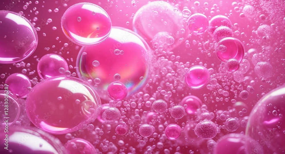 Fototapete Pink bubbles with reflections in a vibrant pink liquid background displaying various sizes and types of bubbles with fine foam texture.