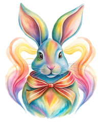 Naklejka premium Playful Pastel Bunny with Elegant Bow – Magical Spring Decor. Neon Easter Bunny Clipart – Cute and Artistic Rabbit PNG, Easter Water Color Bunny Png