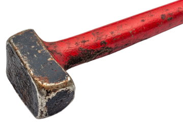 Heavy red hammer resting on a surface in daylight