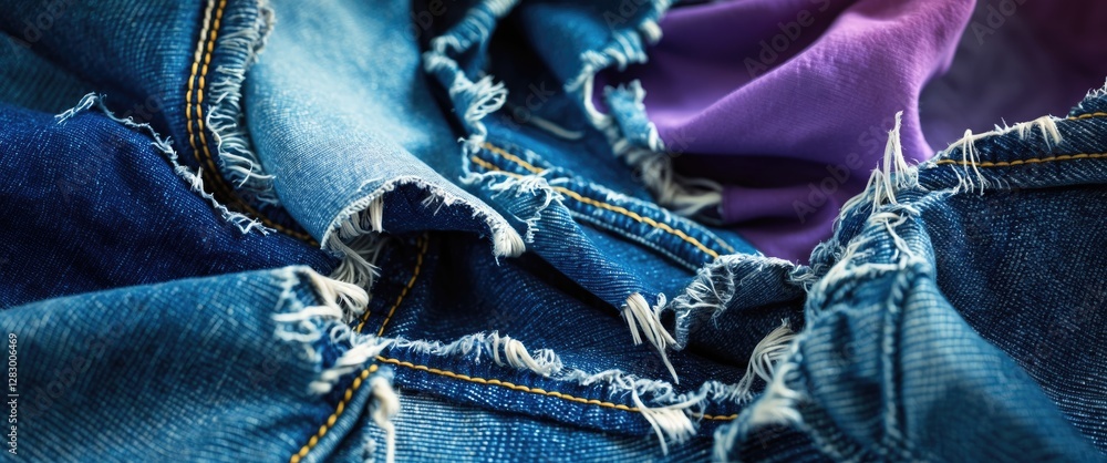 Poster denim fabric close-up showcasing frayed edges and textured layers with a purple fabric in contrastin