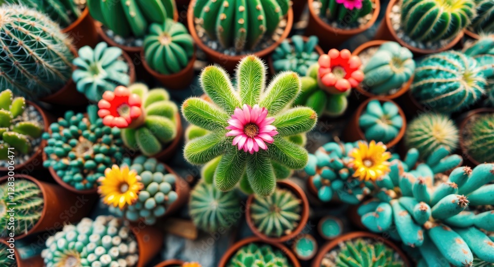 Poster colorful assortment of various cacti with vibrant flowers in terracotta pots arranged on a surface v