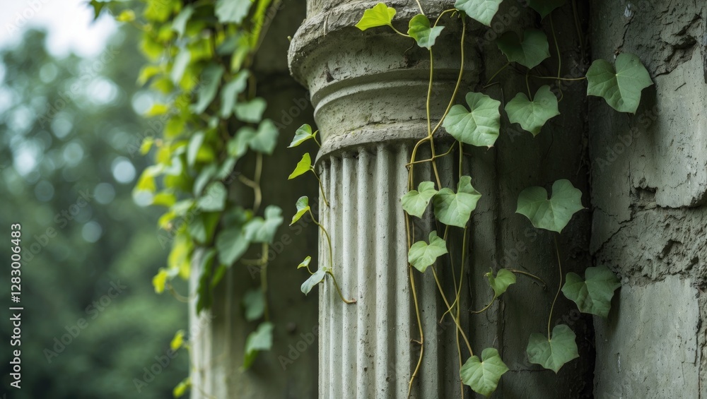 Poster ivy climbing on a weathered stone column with detailed fluting in overgrown garden setting.