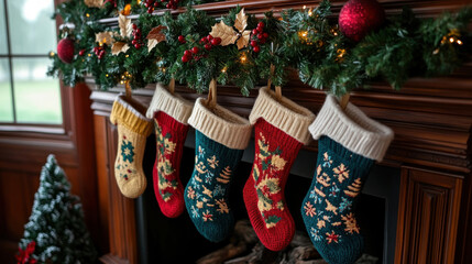 Fototapeta premium Christmas background of stockings hanging over a fireplace adorned with evergreen garlands