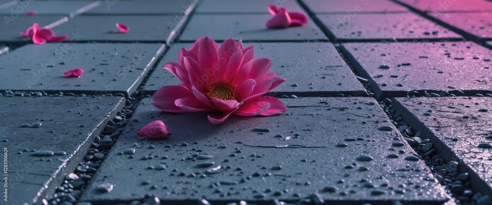 Poster Pink flower with petals on wet pavement in a close-up view highlighting raindrops and textures of the stones.