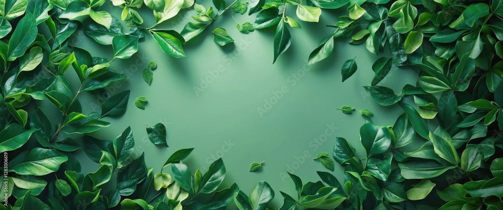 Poster green leaves border on a solid background creating a natural frame for design projects showcasing fo