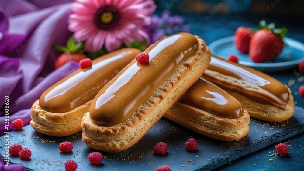 Poster caramel eclairs with red raspberry toppings on a slate platter with fresh strawberries and pink flow