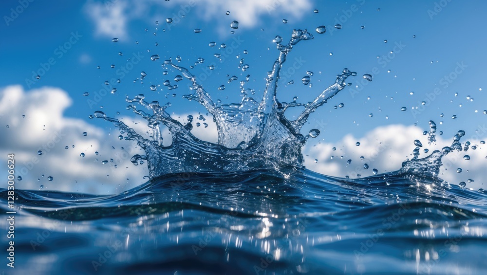 Poster water splash capturing droplets with blue sky and clouds in the background, reflecting light on the 