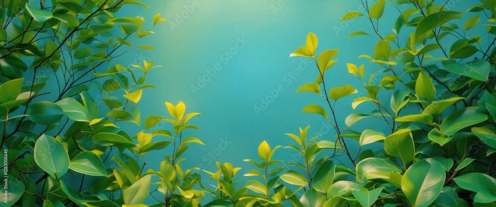 Poster lush green foliage with vibrant leaves against a soft turquoise background creating a natural frame 