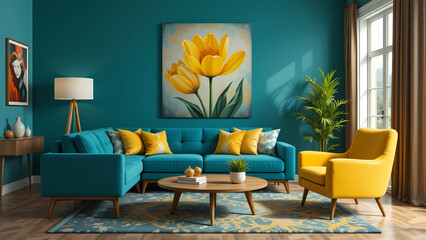 Fototapeta premium Elegant & Vibrant Living Room Interior Design with Teal Sofa, Yellow Armchair, Tulips & Modern Artwork.