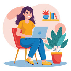 a girl is using his laptop vector	
