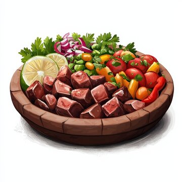 Mexican discada plow disc bbq national cuisine dish isolated on white background, colorful cartoon illustration