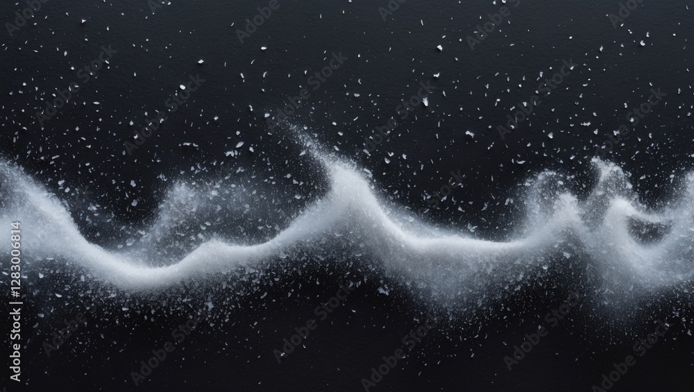 Poster White powder wave on black background with fine particles creating a fluid shape and texture in motion.